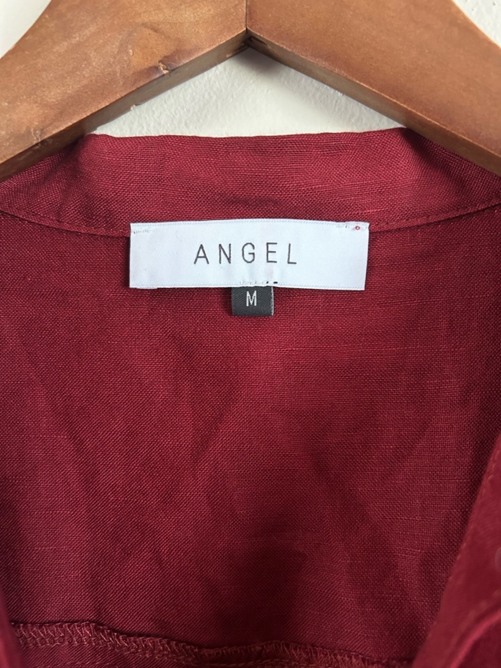 Angel | Red Linen Blend Button Down Belted Collared Dress - Picture 2 of 5